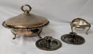 lot 99 image: Round Bowl, 2 Candle Holders, Smaller Round Bowl