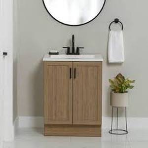 lot 21 image: Glacier Bay Fonthill 24.5 in. W x 18.75 in. D x 32.89 in. H Single Sink Bath Vanity in Sand Elm with White Cultured Marble Top Customer Returns See Pictures