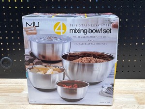 lot 36 image: Stainless Steel Mixing Bowl Set with Lids & Grater Attachments