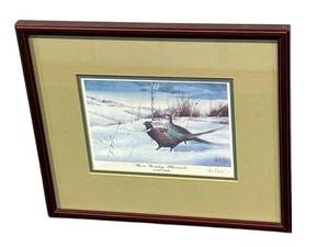 lot 4 image: Signed Les Kouba Cross Country Pheasants Framed Art Print (10.25 x 12)