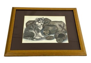 Beautiful Signed Patti Lindstrand "Basket Sentinel" Husky Puppy Art Print in 18.5" x 22.75" Frame