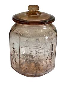 lot 46 image: Wonderful Vintage Planters Mr. Peanut Counter Glass Pennant 5 Cent Salted Jar 12 Octagon Shape