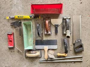 lot 69 image: Collection of Masonry and Drywall Tools with Mud Pans and Trowels