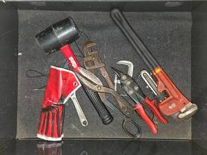 lot 154 image: Assorted Hand Tools Including Mallet, Pipe Wrench, and Snips