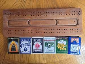 lot 191 image: Cribbage Board and 6 Decks of Playing Cards Set