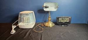 lot 210 image: Set of Vintage Brass Bankers Lamp, Sharp Weather Station, and Cool Mist Humidifier