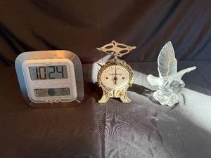 lot 262 image: Collection of Decorative Items Digital Clock, Vintage Scale & Crystal Bird Sculpture