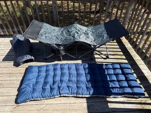 lot 291 image: Folding Camping Cot with Blue Cushion Pad and Carrying Bag