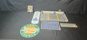 lot 309 image: Collection of Vintage Garage Sign and Papercutter Tools