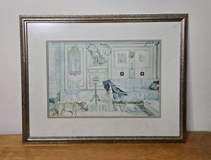 lot 366 image: Framed Watercolor Art Print of Elegant Room and Dog