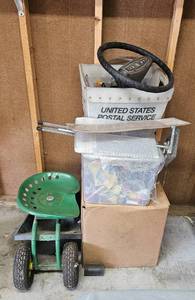 lot 507 image: Set of Household Garage Items and Tools including Garden Seat, Steering Wheel, and Bin of Parts