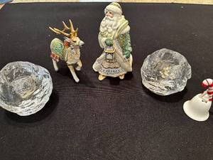 lot 189 image: Set of 5 Christmas Themed Decor including Santa, Reindeer and Glass Candle Holders