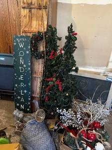 lot 210 image: Holiday Decoration Collection including Christmas Tree and Sled