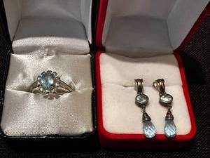 lot 216 image: Elegant Silver Ring and sterling Silver Earrings with Blue Gemstones