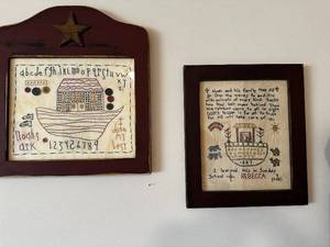 lot 337 image: Pair of Framed Cross-Stitched Noahs Ark Samplers