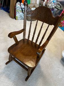 lot 348 image: Vintage Wooden Rocking Chair with Ornate Backrest