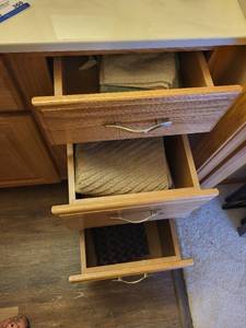 lot 352 image: Collection of Hand Towels in Wooden Cabinet Drawers