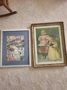 lot 354 image: Set of 2 Vintage Framed Art Prints Garden Scene and Children Illustration
