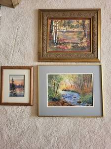 lot 358 image: Set of 3 Framed Landscape Paintings with Rustic Designs