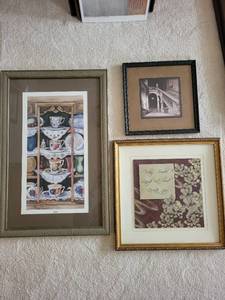 lot 363 image: Set of 3 Framed Artworks Vintage Teacups, Inspirational Text, and Black-and-White Staircase