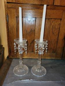 lot 407 image: Pair of Vintage Glass Candle Holders with Decorative Crystals