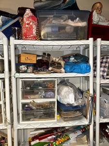 lot 460 image: Large Assortment of Crafting and Knitting Supplies, Storage Shelf and Bins Included