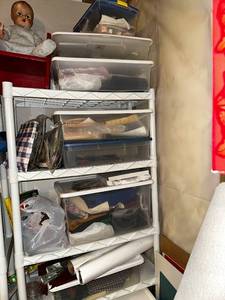 lot 461 image: Collection of Assorted Craft Supplies in Storage Shelf and Bins