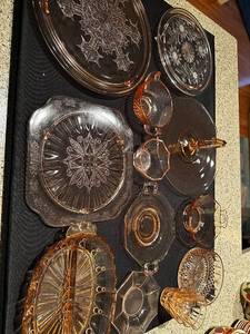 lot 471 image: Collection of Amber Glass Serving Dishes with Etched Patterns