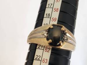 lot 26 image: 10K Magic Glo Gold Ring with Possibly a Brown or Grey Sapphire and Diamond Accents