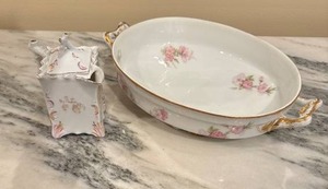 lot 56 image: Antique Floral Porcelain Sugar Bowl and Serving Dish Set