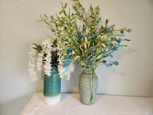 lot 68 image: Pair of Decorative Ceramic Vases with Artificial Floral Arrangements