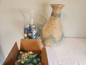 lot 70 image: Decorative Wicker Vase, Sea Glass, and Shell Decor Set