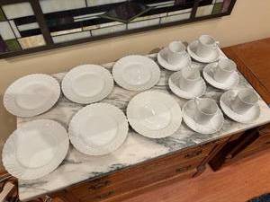 lot 93 image: Porcelain Dinnerware Set by Porsgrund Norway - 6 Cups, Saucers, and Plates