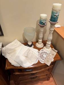 lot 102 image: Assortment of Vintage Candle Holders, Frosted Vase, and Lace Linens