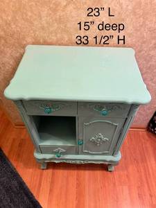 lot 120 image: Vintage Wooden Side Table with Decorative Drawers and Door