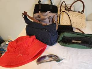 lot 135 image: Collection of 5 Handbags with Red Bucket Hat and Sunglasses