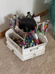 lot 161 image: Rotating Desk Organizer with Pens, Pencils, and Office Supplies