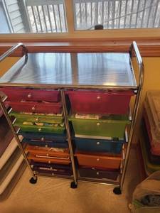 lot 290 image: Rolling Storage Drawer Cart with Assorted Craft Supplies