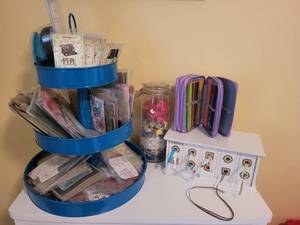 lot 292 image: Crafting Supplies Set with Stamps, Ribbons, and Colored Pencils