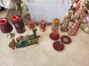 lot 298 image: Holiday Decor Collection with Sleigh Figurine, Red Candle Holders, and Button Trees
