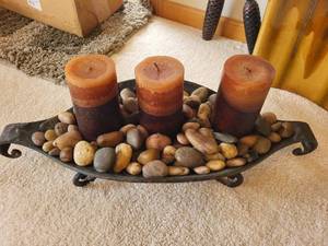 lot 304 image: Decorative Accent Set with Candles, Vase with Pampas Grass, and Vintage Style Finial