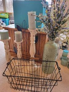 lot 307 image: Set of 3 Distressed White Candle Holders, Large Green Vase, and Wire Basket