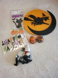 lot 315 image: Halloween Decoration Set with Witch Plaque, Figurines, and Accessories