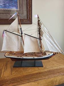 lot 319 image: Vintage Ship Model with Detailed Sails and Wooden Base