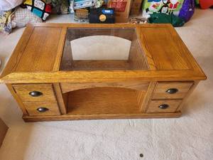 lot 329 image: Wooden Glass-Top Coffee Table with Storage Drawers