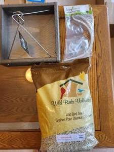 lot 334 image: Rustic Bird Feeder Set with Wild Bird Seed and Hook