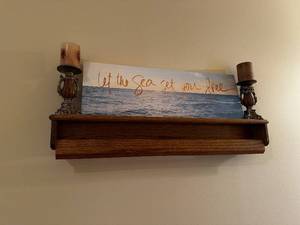 lot 113 image: Wooden Wall Shelf with Decorative Candle Holders and Inspirational Canvas Art