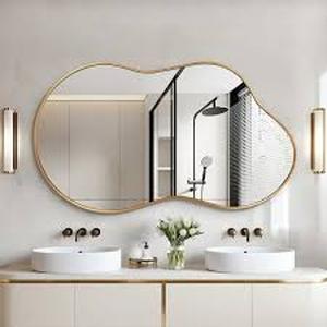 lot 15 image: Hochwertiges 46 in. W. x 26 in. H Irregular Gold Aluminum Alloy Framed Wall Mirror Asymmetrical Wall Mirror  Customer Returns See Pictures