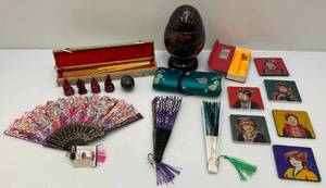 lot 118 image: Misc. Vintage Oriental Collectibles Including Wood Enamel 8 12 Tall Two Piece Egg Storage Vessel & More