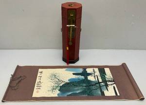 lot 119 image: Vintage Chinese Hexagonal Scroll Box With Vintage Oriental Scroll 11 12 L x 31 H